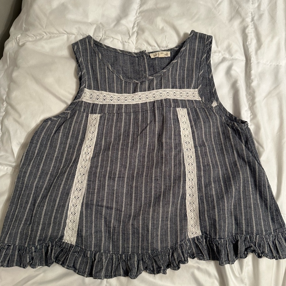 Hem & Thread crop top, button closure back. Denim blue with lace. Size medium